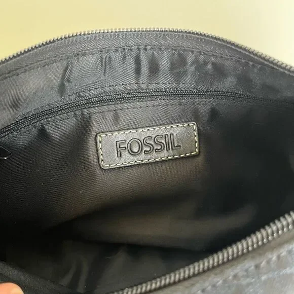 Fossil Y2K Mini Hobo Black Jacquard Leather Trim Logo Vintage Crescent Baguette - Picture 13 of 15